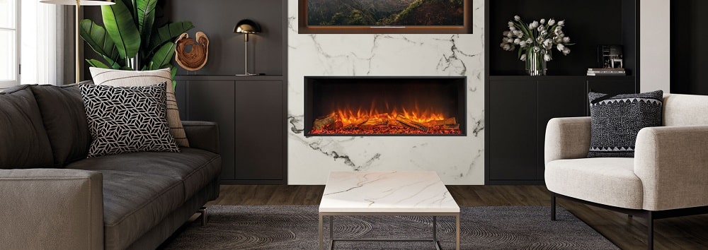 electric fireplace surrounded with white marble wall