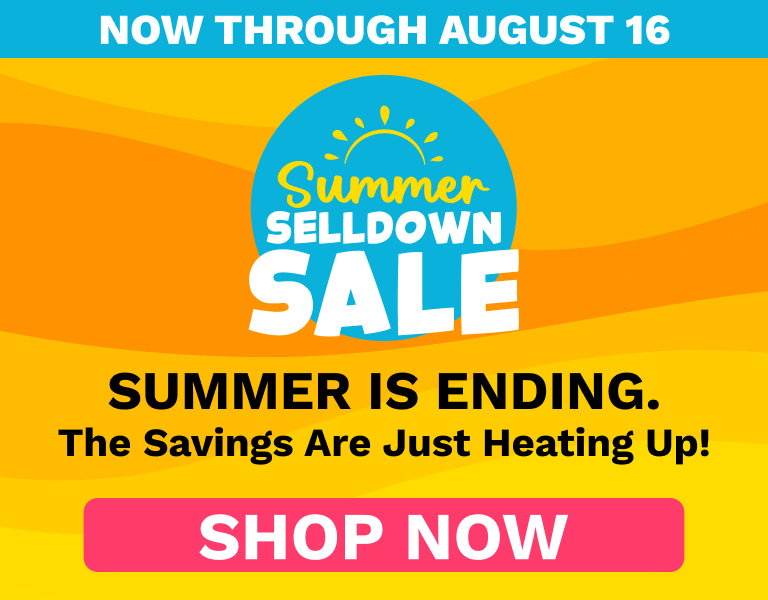 Bright summer sale poster: 'Summer Sell Down Sale' with bold 'Shop Now' button and 'Now through August 16' text at top.